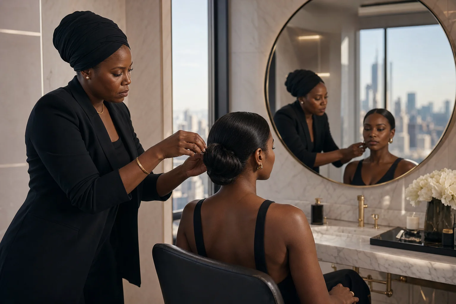 A stylist finishing a client's hair in a premium studio