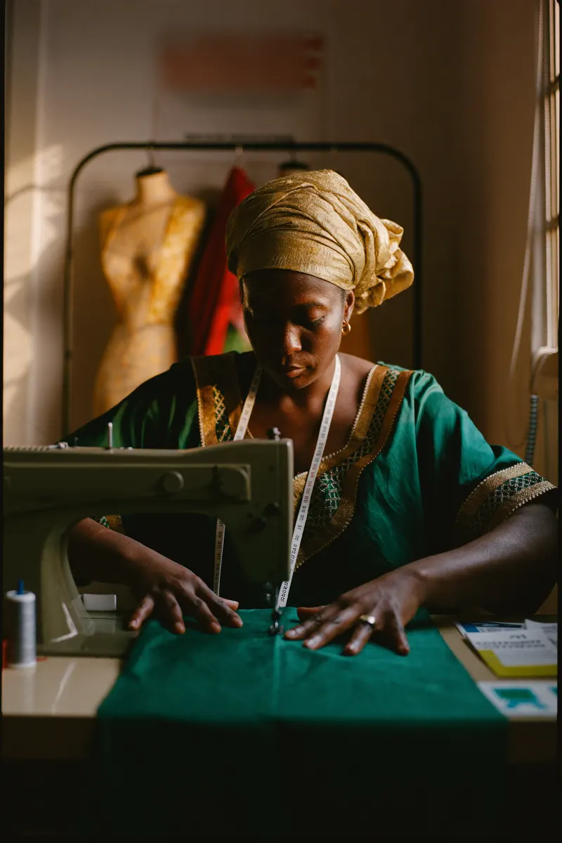 A seamstress at her machine in a small Accra atelier, guiding an emerald gown with kente trim under the needle in golden-hour light — an AI-generated portrait of the illustrative persona Efe