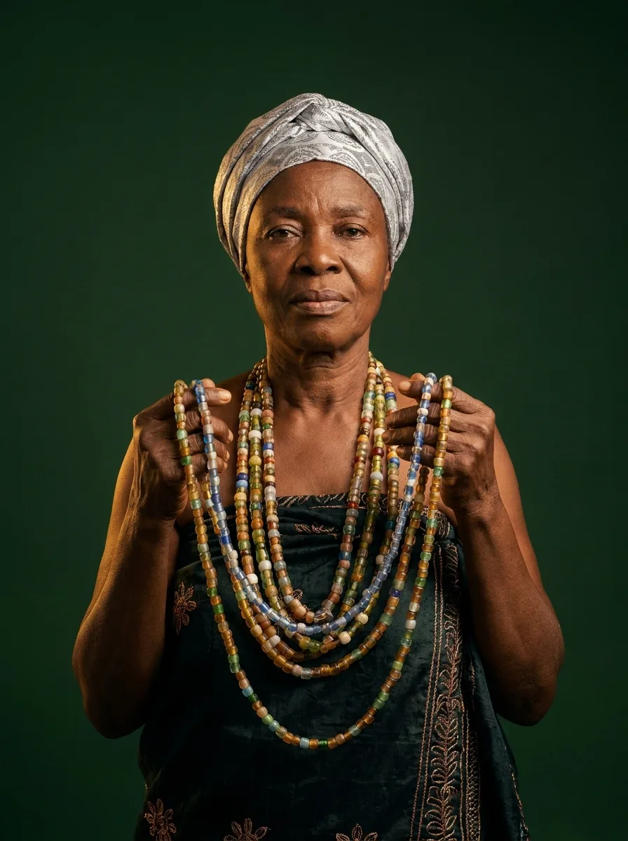 The Beadworker raising strands of glass beads