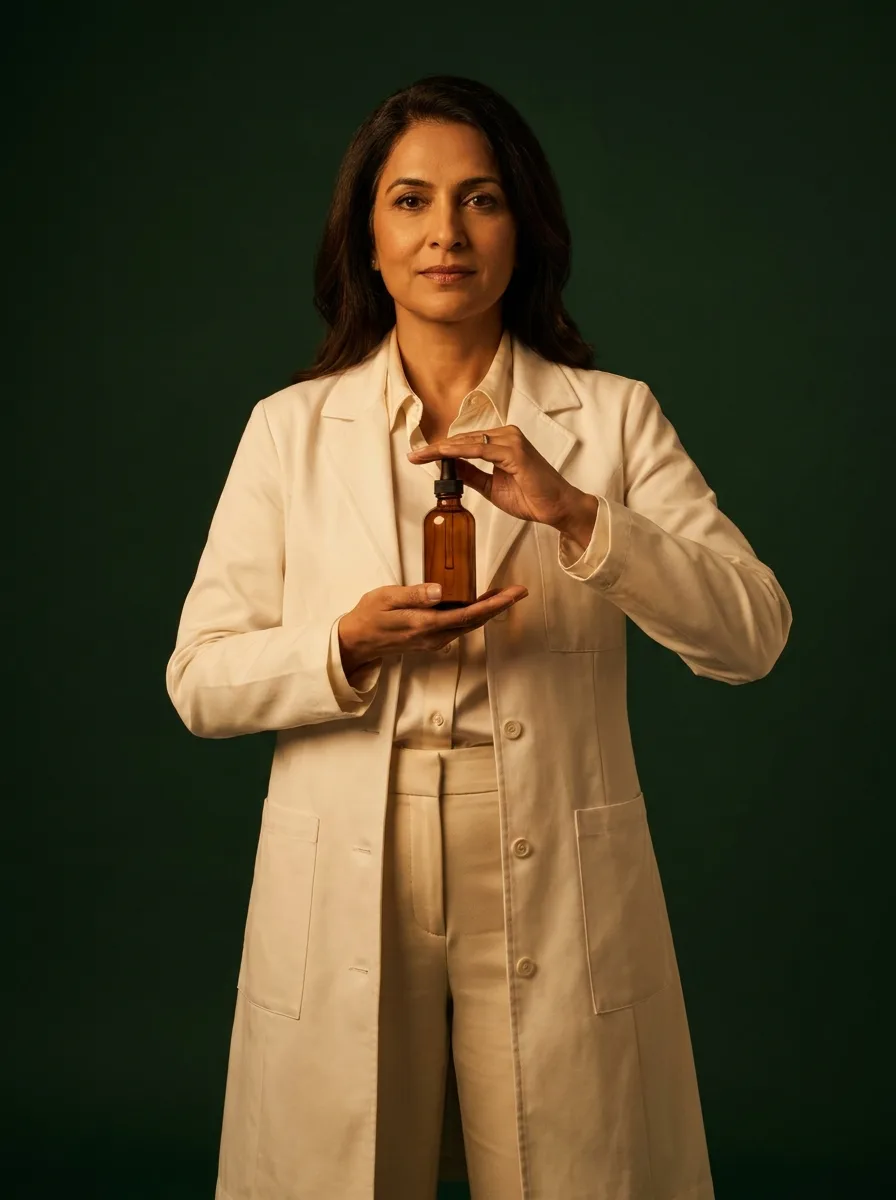 The Formulator holding an amber serum bottle
