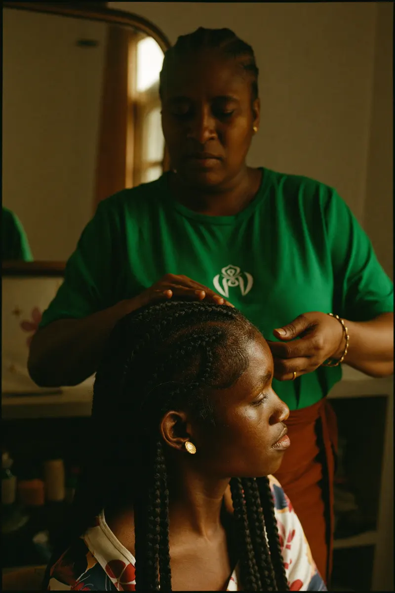 A braider working behind a seated client in her studio, fingers mid-braid in warm window light — an AI-generated portrait of the illustrative persona Naana